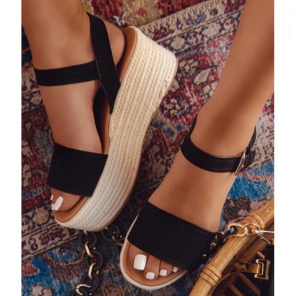 Shoes - Espadrille Flatform Sandals - Black Suede